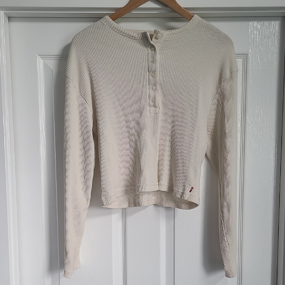 Levi's Cream Ribbed Long Sleeve Crop Henley Shirt